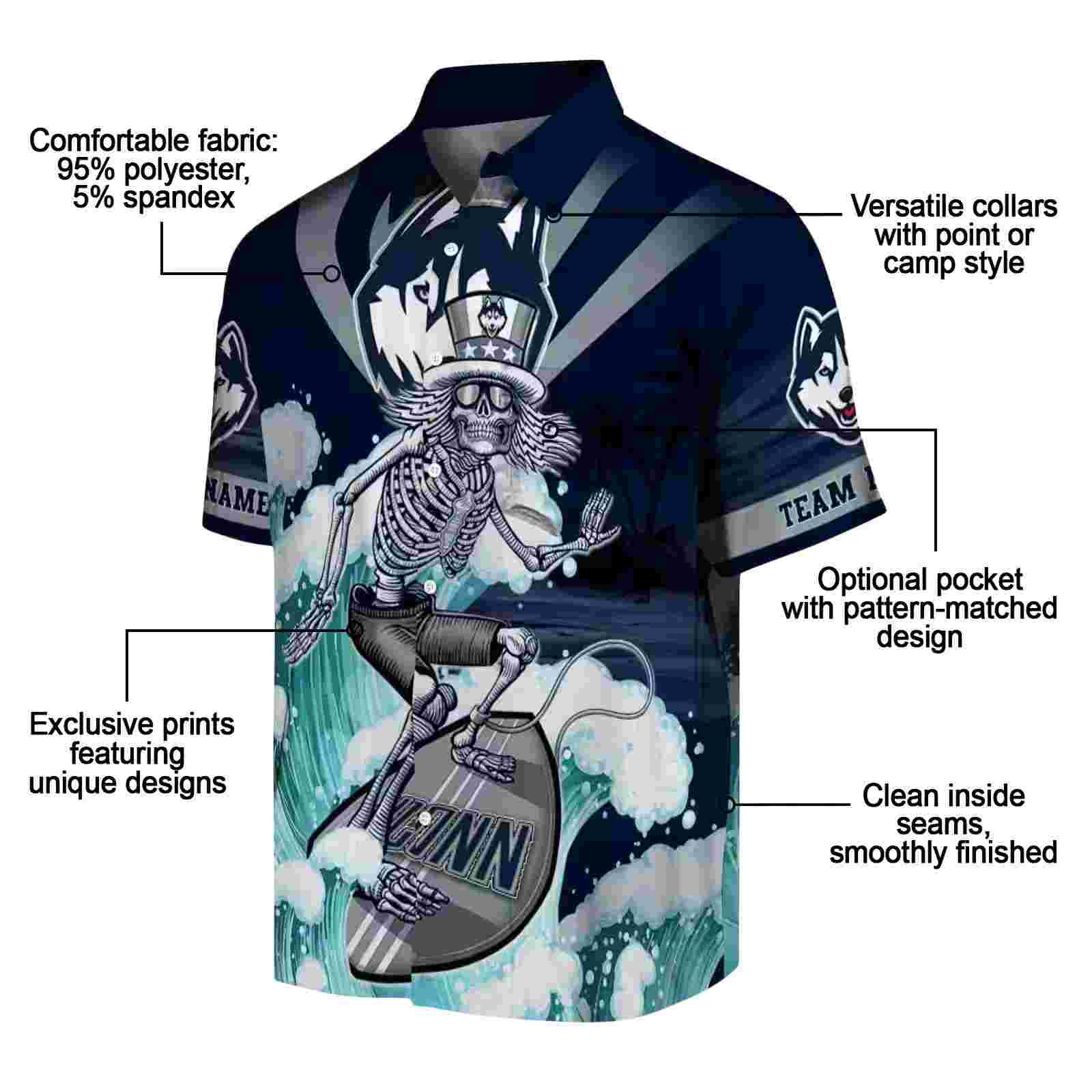 custom uconn huskies surfing skeleton blue hawaiian shirt new arrival