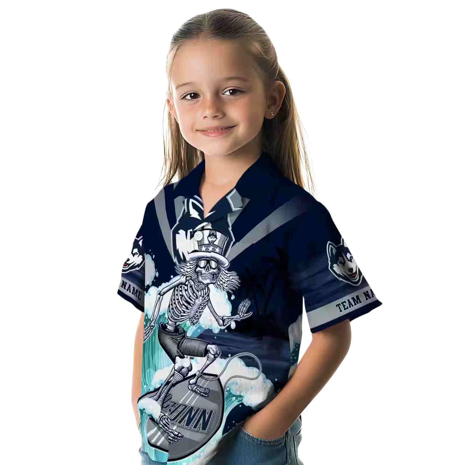 custom uconn huskies surfing skeleton blue hawaiian shirt premium grade