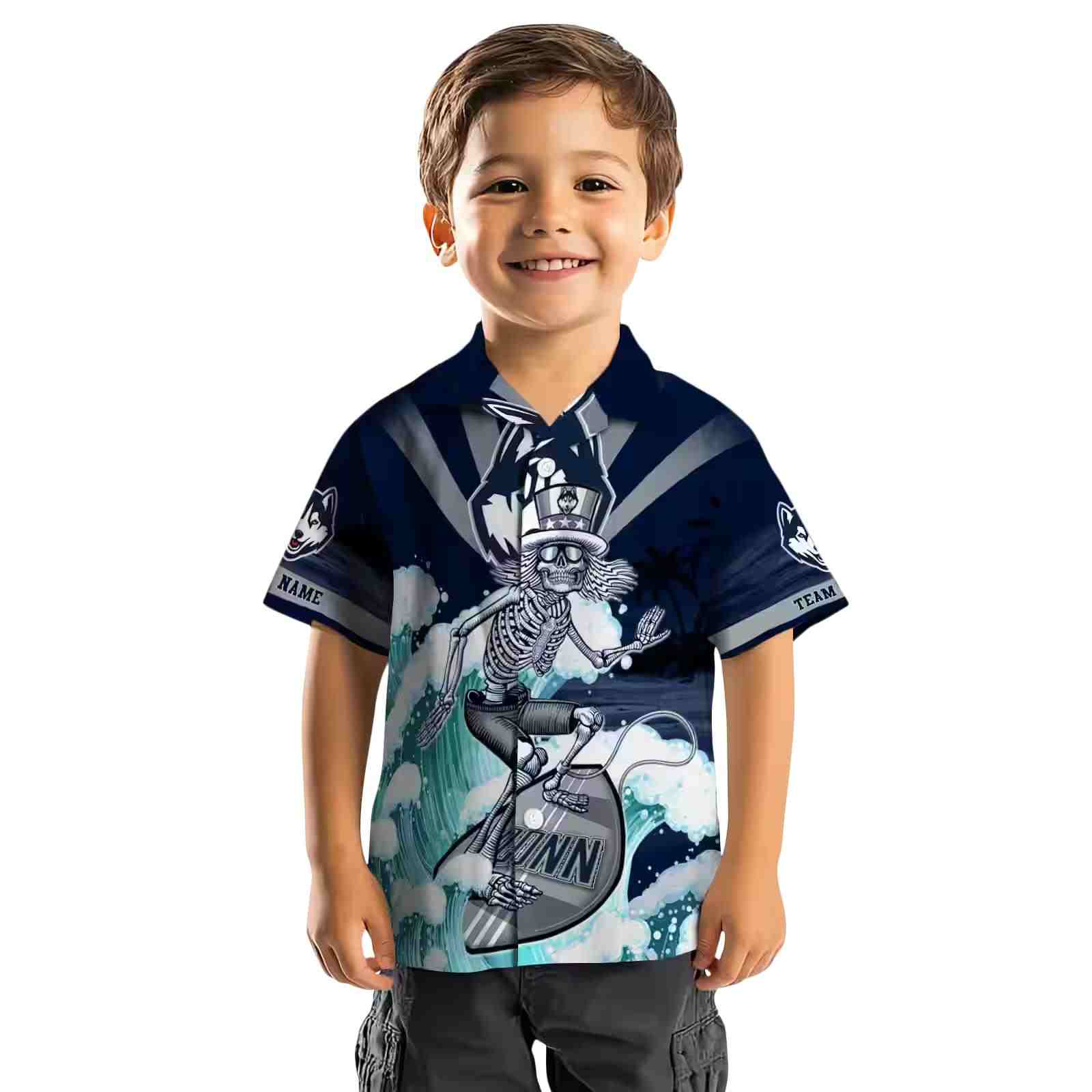 custom uconn huskies surfing skeleton blue hawaiian shirt top rated