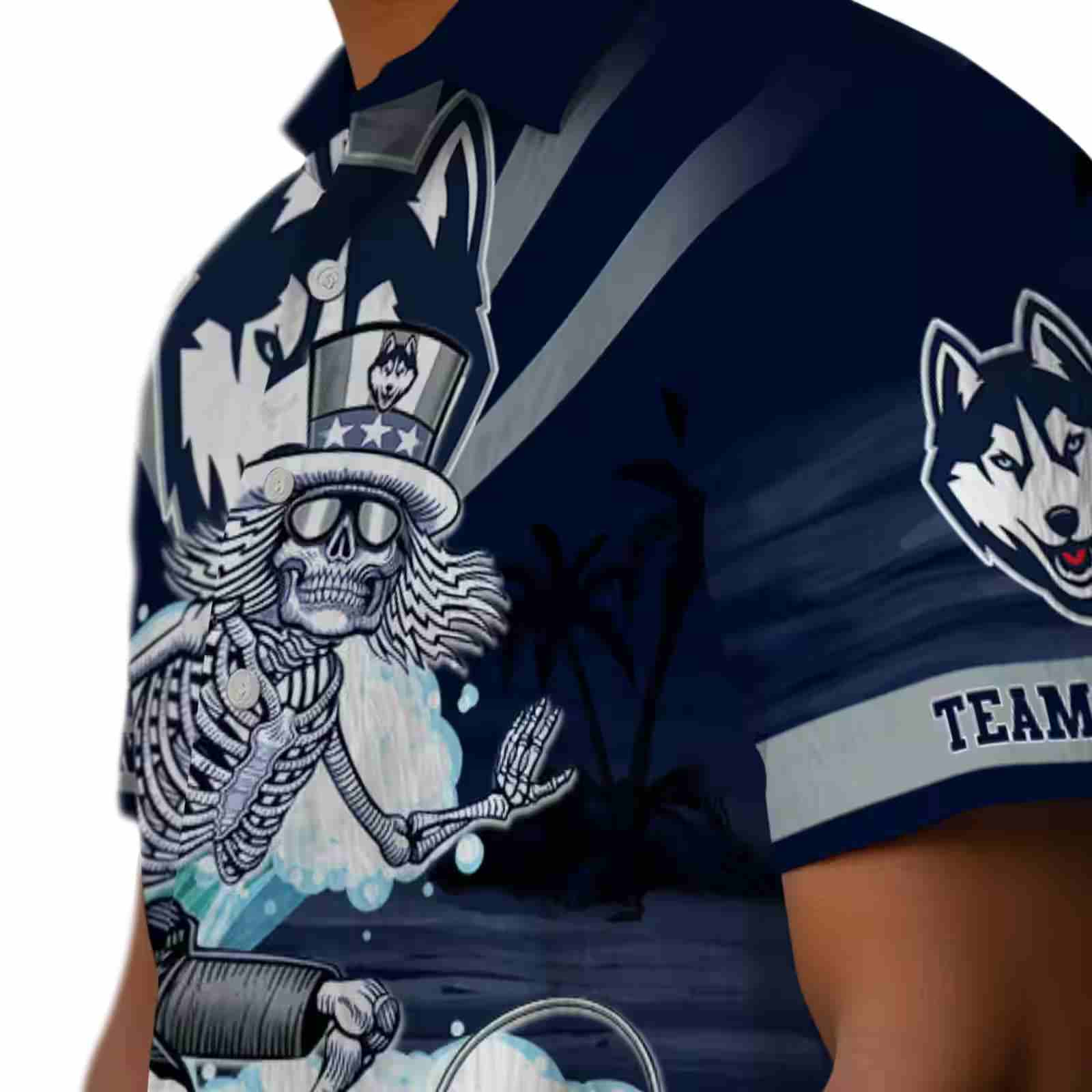 custom uconn huskies surfing skeleton blue hawaiian shirt trendy