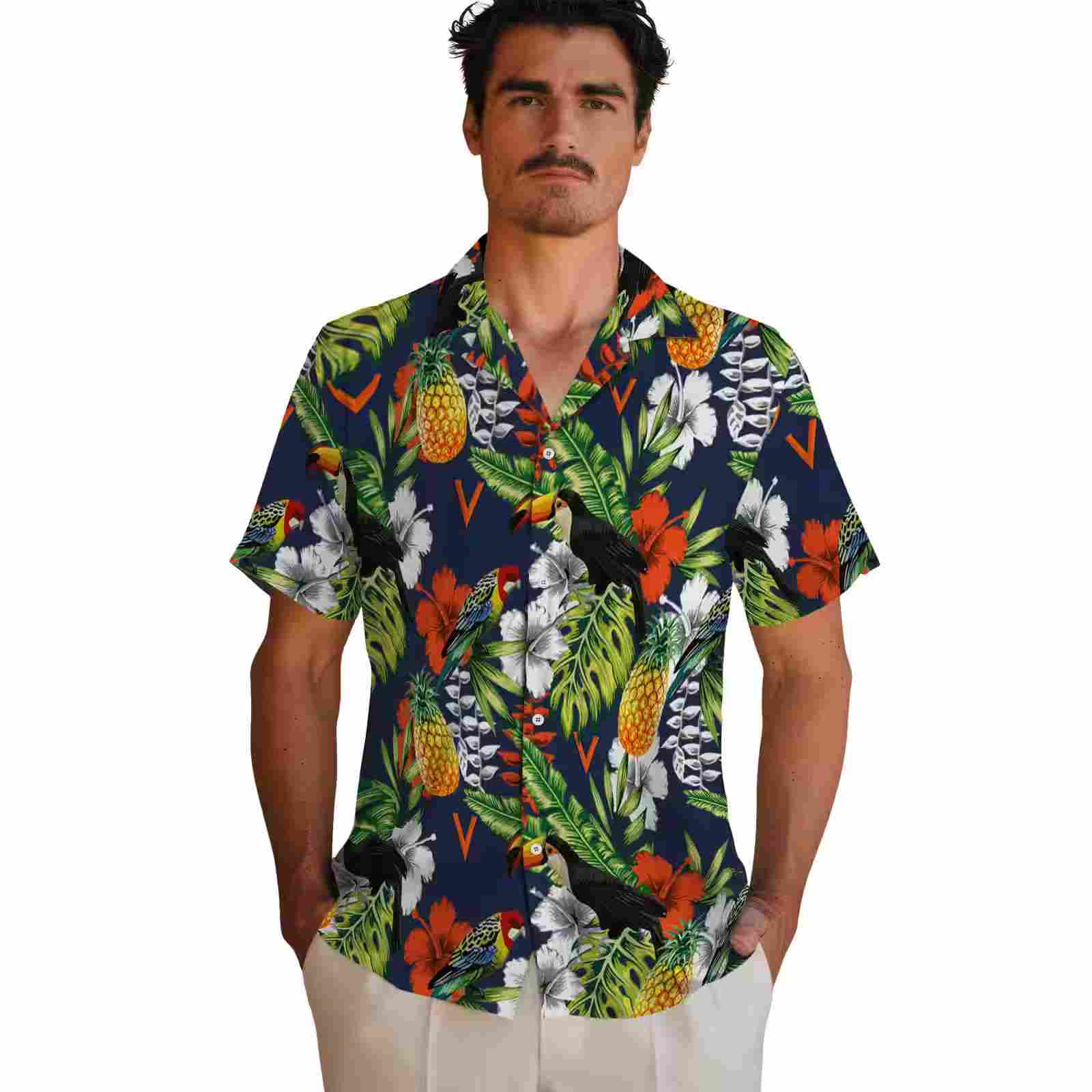 custom virginia cavaliers tropical toucan blue green hawaiian shirt fashion forward