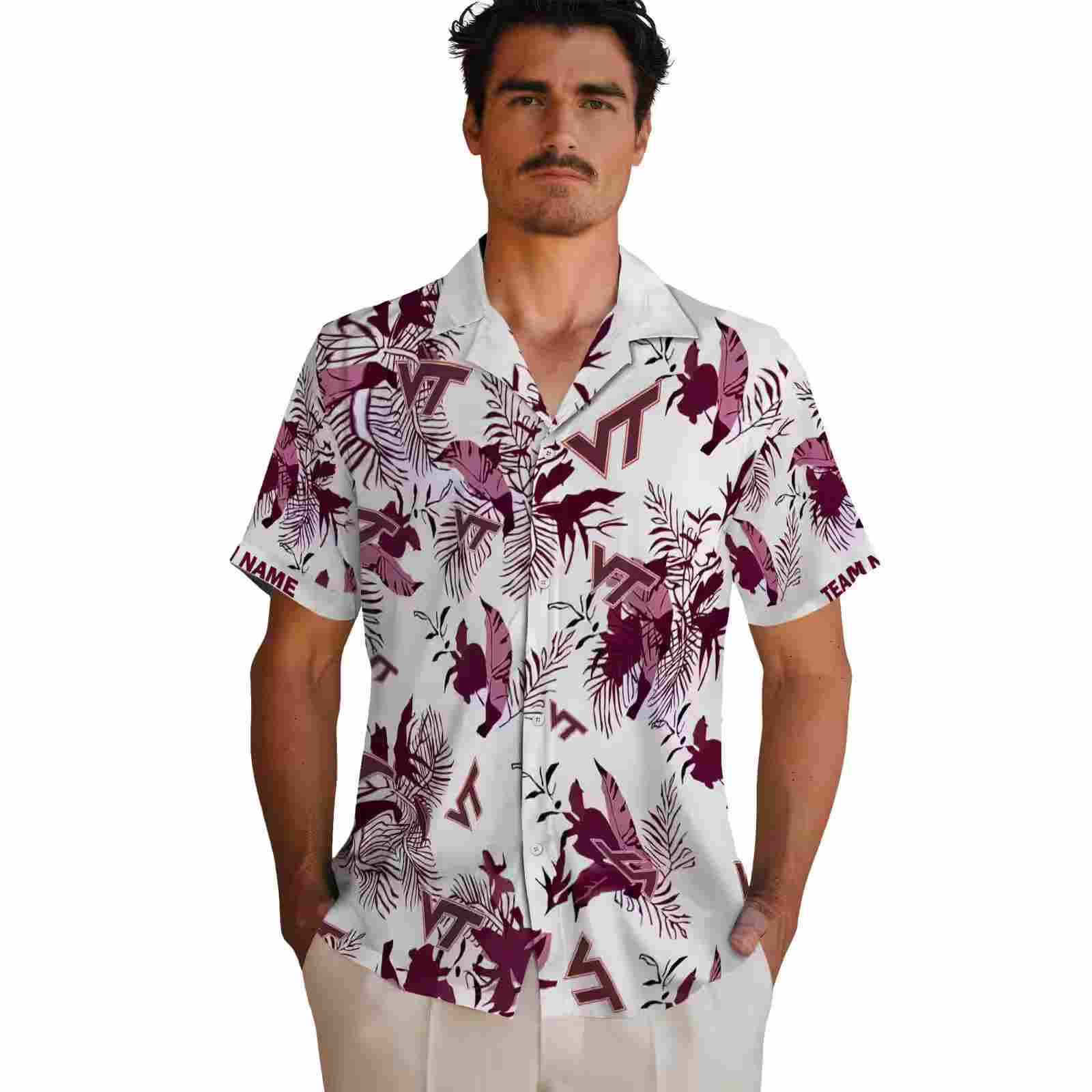 custom virginia tech hokies botanical theme maroon white hawaiian shirt fashion forward