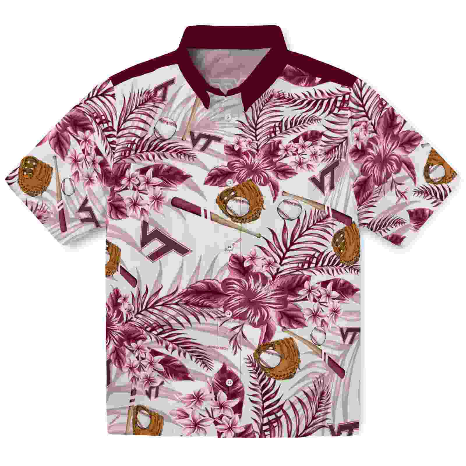 Custom Virginia Tech Hokies Floral Baseball Maroon White Hawaiian Shirt