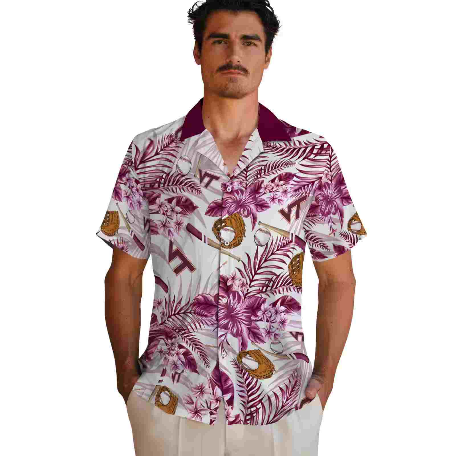 custom virginia tech hokies floral baseball maroon white hawaiian shirt fashion forward