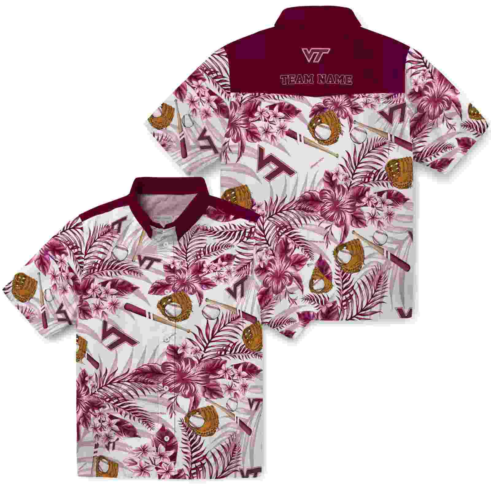 custom virginia tech hokies floral baseball maroon white hawaiian shirt high quality