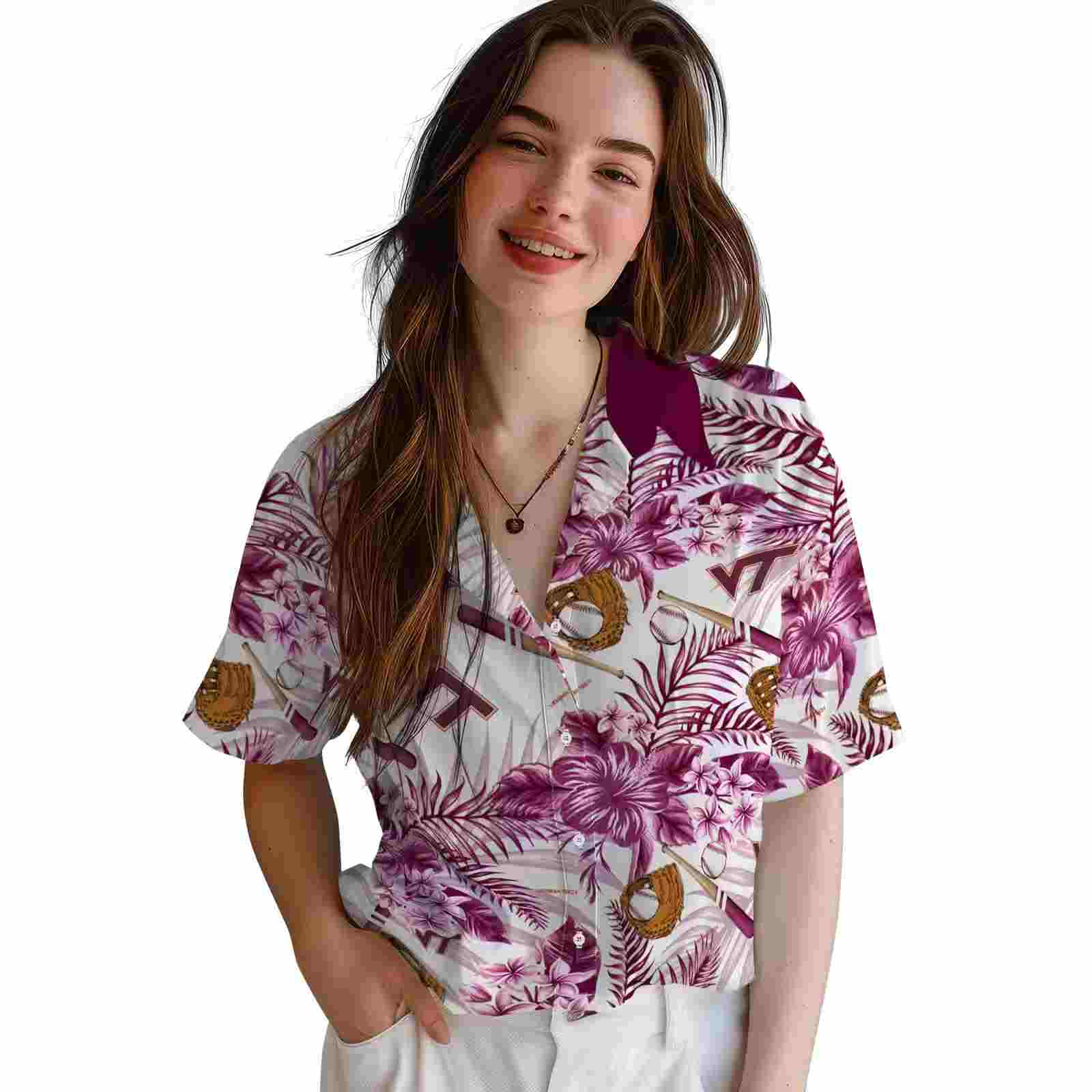 custom virginia tech hokies floral baseball maroon white hawaiian shirt latest model