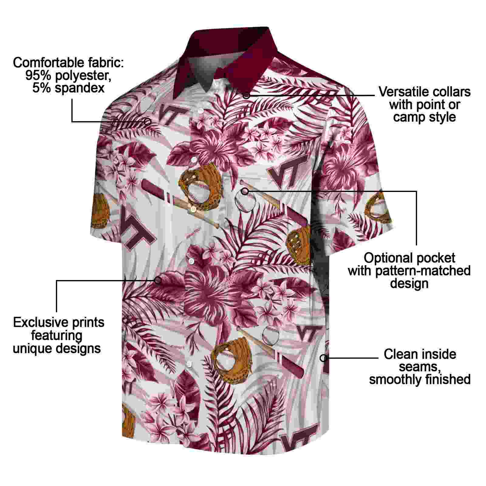 custom virginia tech hokies floral baseball maroon white hawaiian shirt new arrival