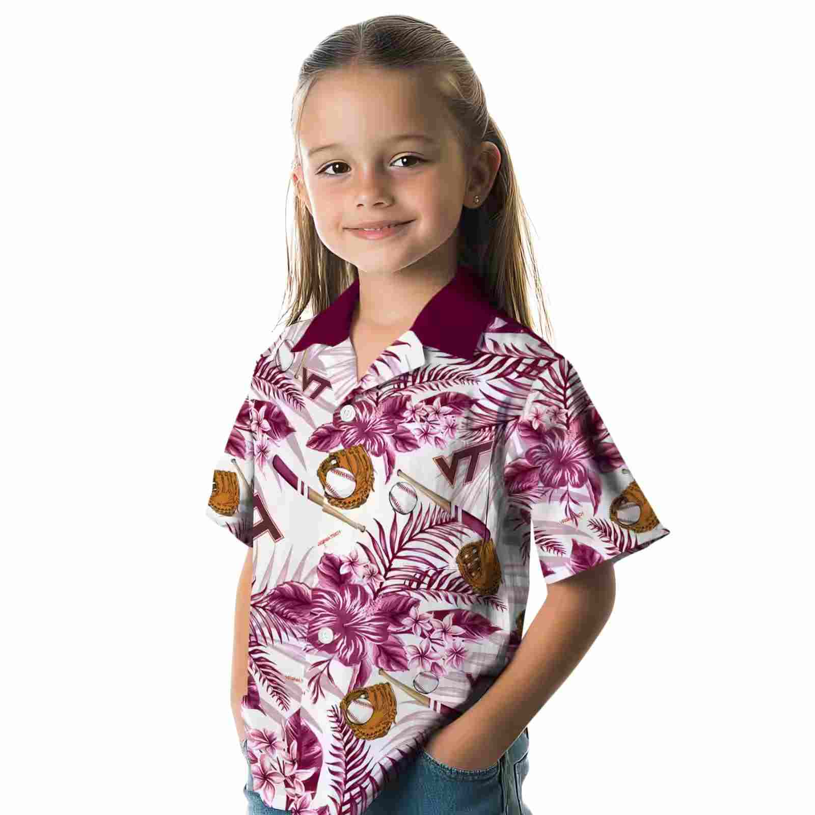 custom virginia tech hokies floral baseball maroon white hawaiian shirt premium grade