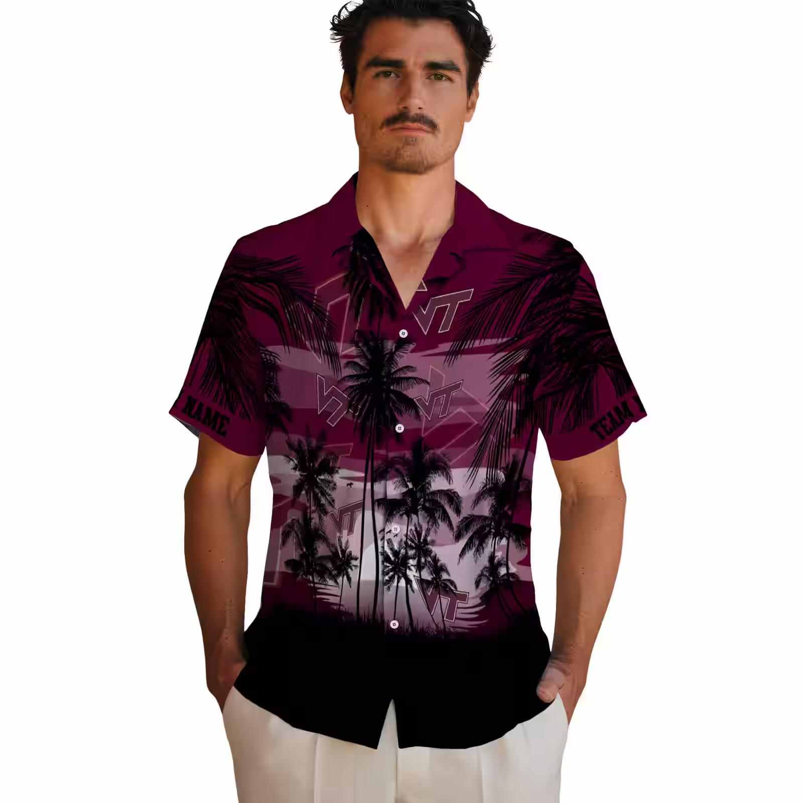 custom virginia tech hokies sunset scene maroon black hawaiian shirt fashion forward