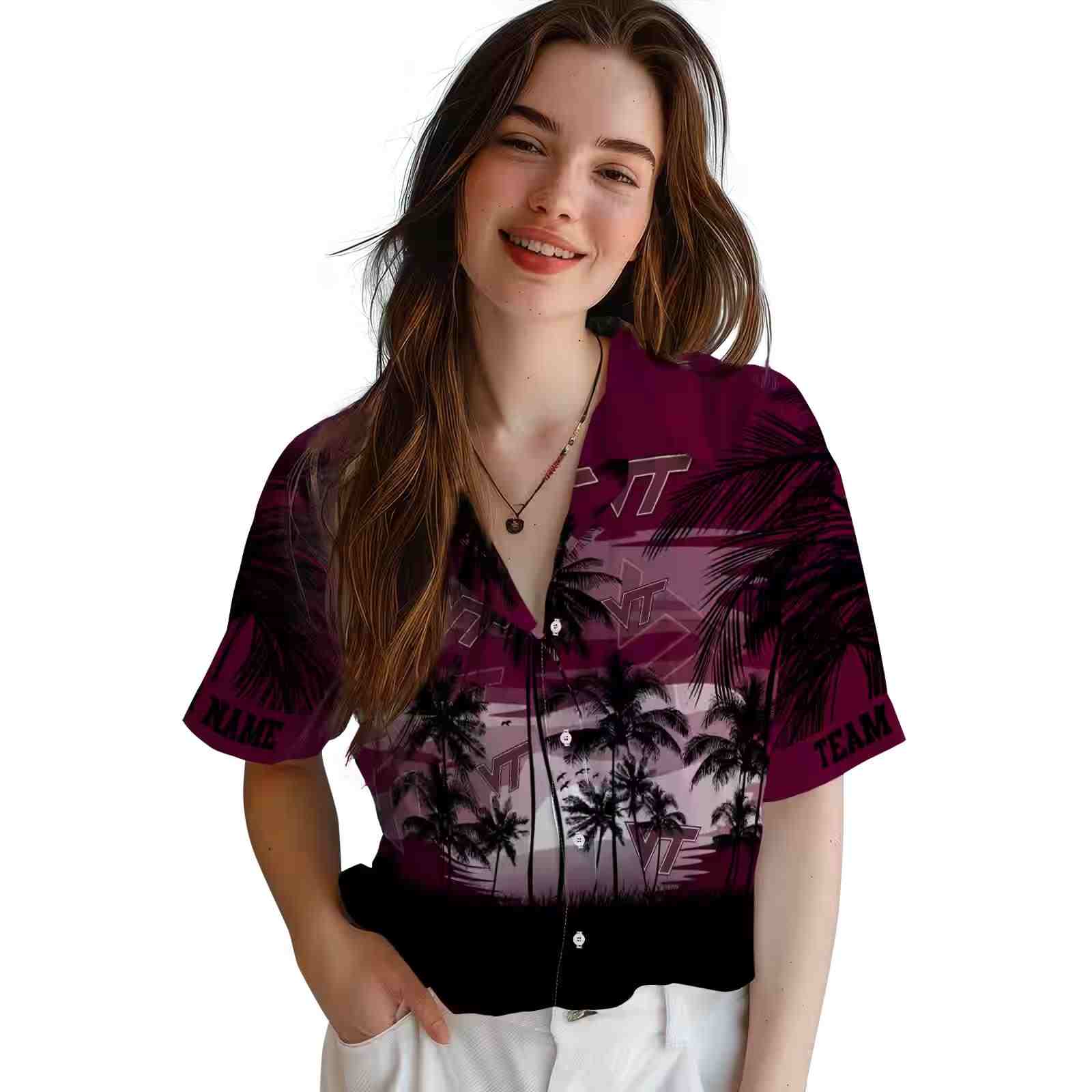 custom virginia tech hokies sunset scene maroon black hawaiian shirt latest model