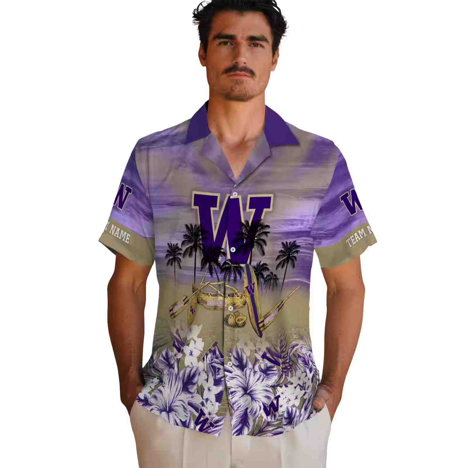 custom washington huskies tropical canoe purple hawaiian shirt fashion forward