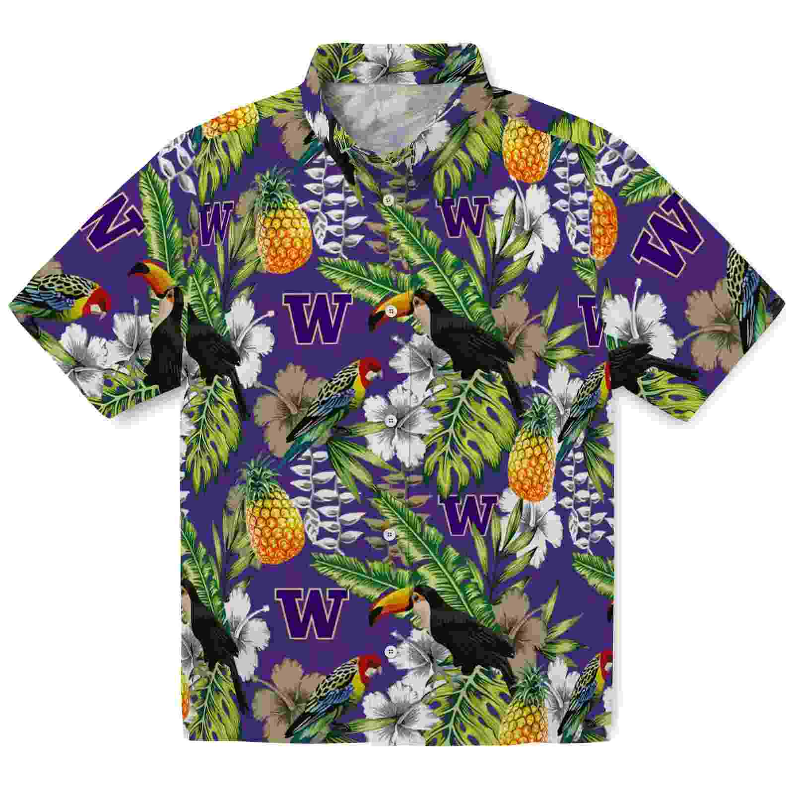 Custom Washington Huskies Tropical Toucan Purple Green Hawaiian Shirt