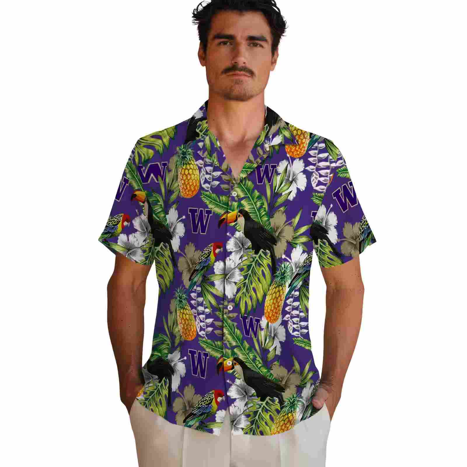 custom washington huskies tropical toucan purple green hawaiian shirt fashion forward