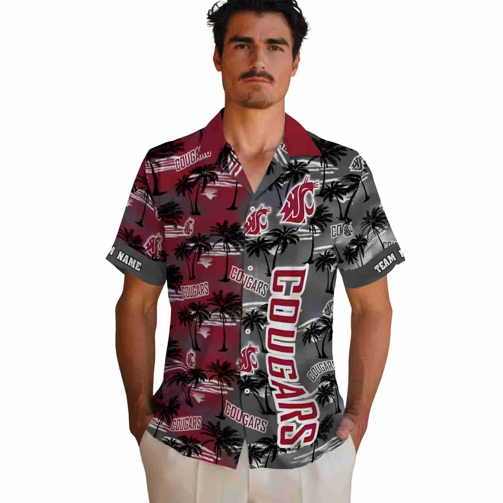 custom washington state cougars palm silhouettes crimson hawaiian shirt fashion forward