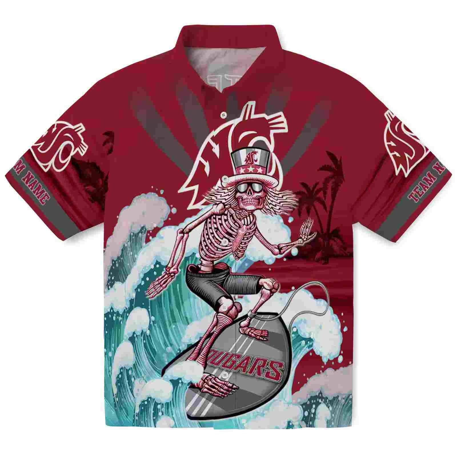 Custom Washington State Cougars Surfing Skeleton Crimson Blue Hawaiian Shirt