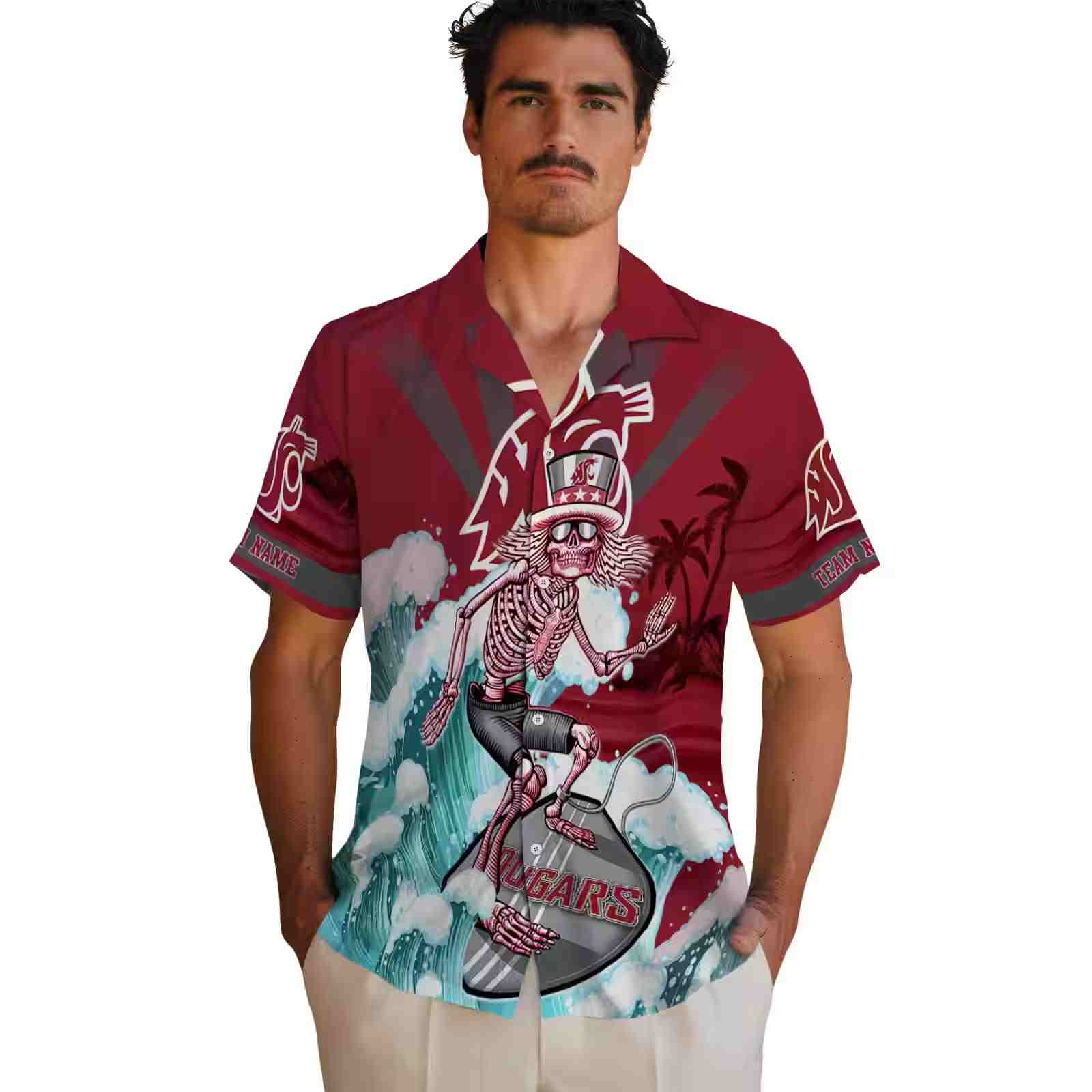 custom washington state cougars surfing skeleton crimson blue hawaiian shirt fashion forward