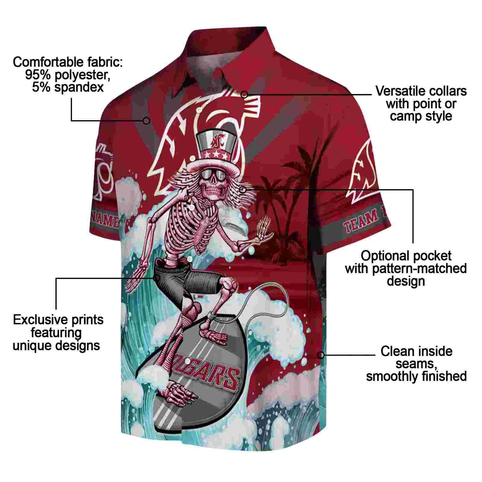 custom washington state cougars surfing skeleton crimson blue hawaiian shirt new arrival