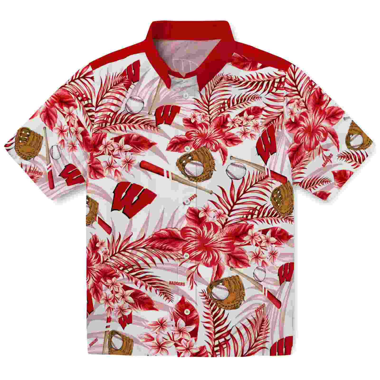 Custom Wisconsin Badgers Floral Baseball Red White Hawaiian Shirt