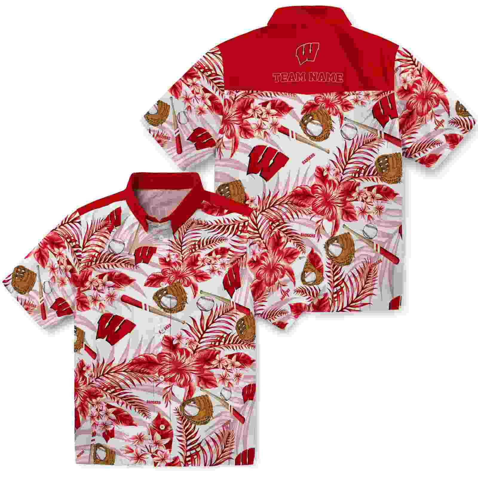 custom wisconsin badgers floral baseball red white hawaiian shirt high quality