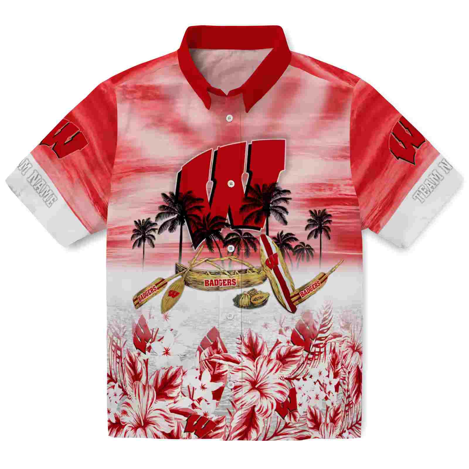 Custom Wisconsin Badgers Tropical Canoe Red Hawaiian Shirt