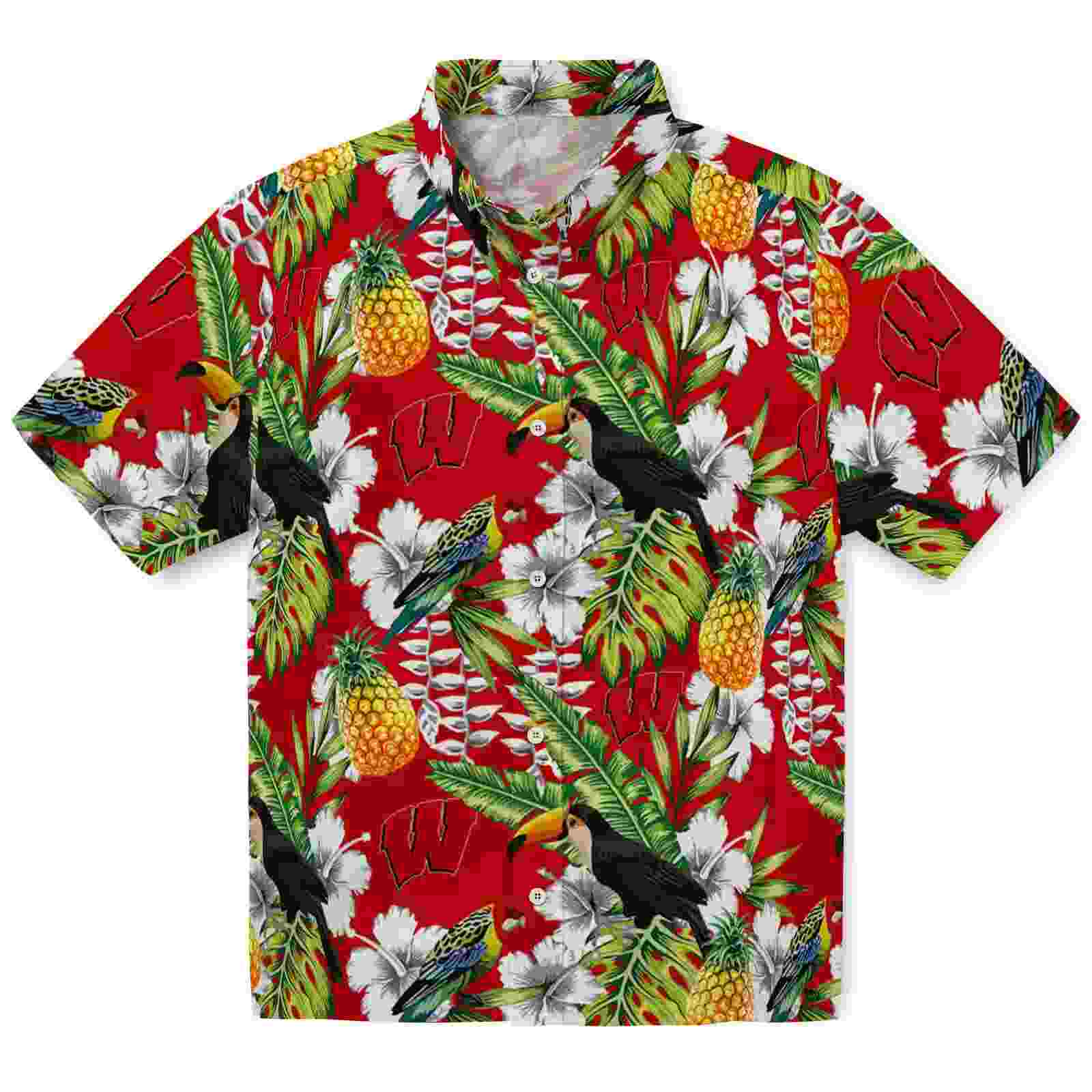 Custom Wisconsin Badgers Tropical Toucan Red Green Hawaiian Shirt