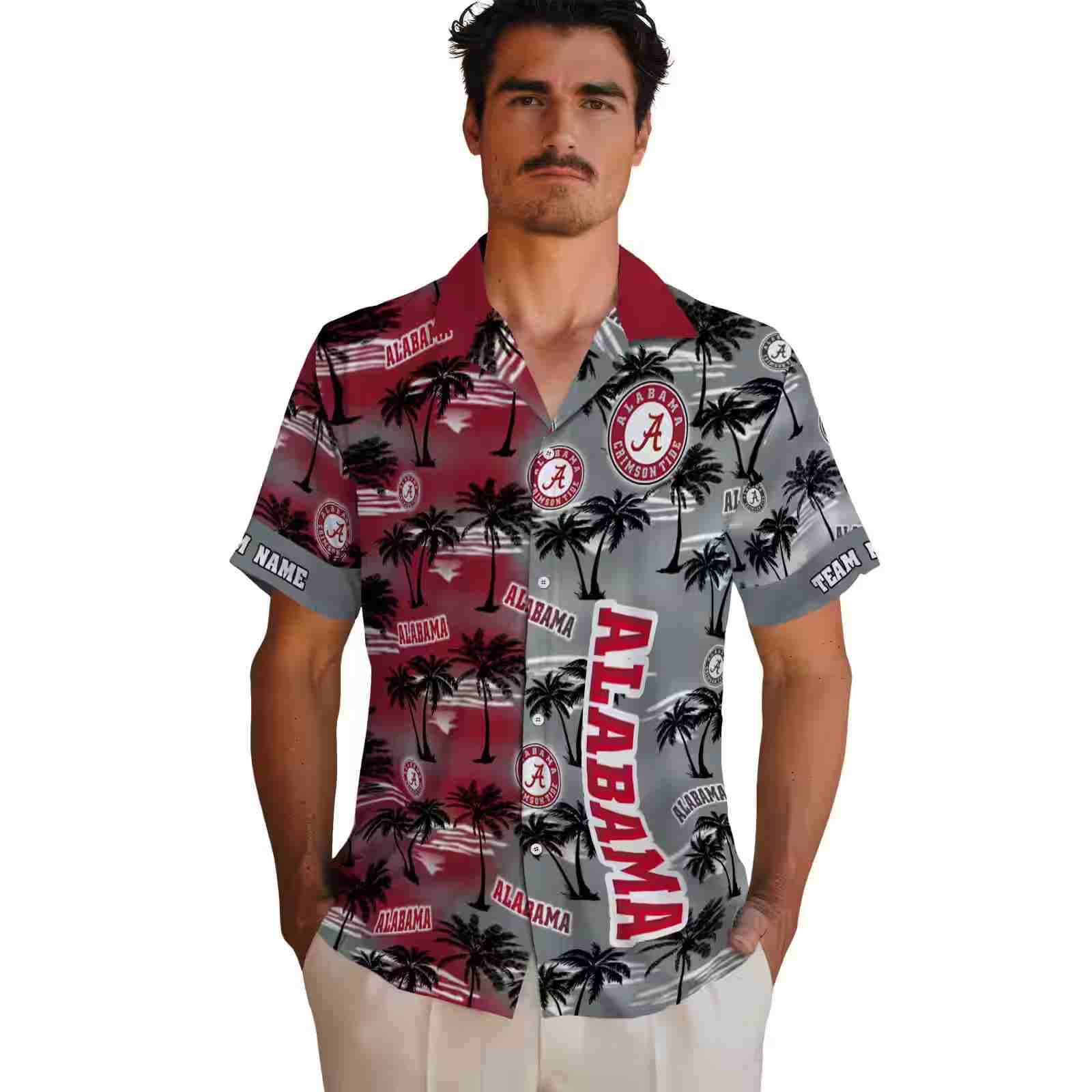 customized alabama crimson tide palm silhouettes crimson hawaiian shirt fashion forward