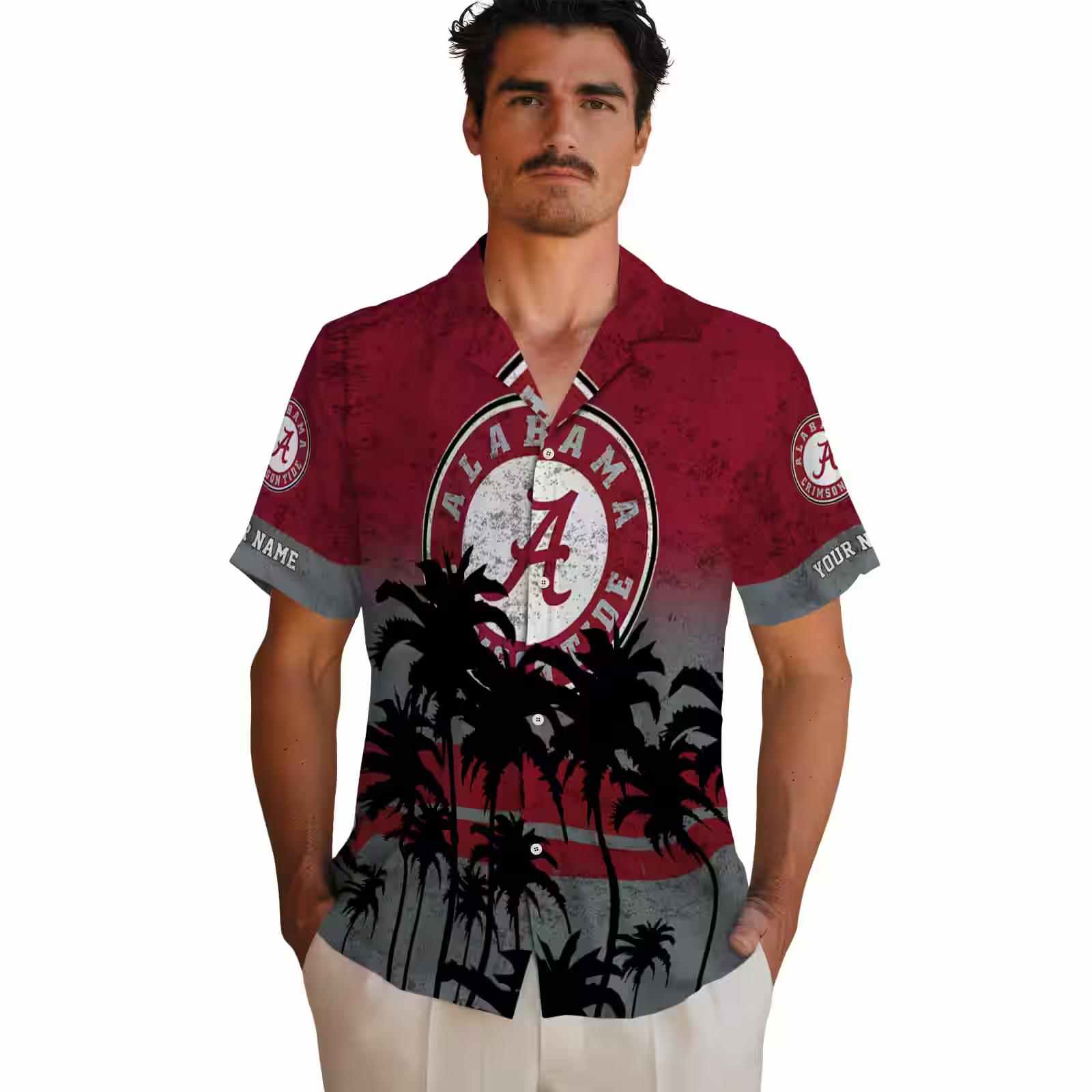 customized alabama crimson tide sunset pattern crimson black hawaiian shirt fashion forward