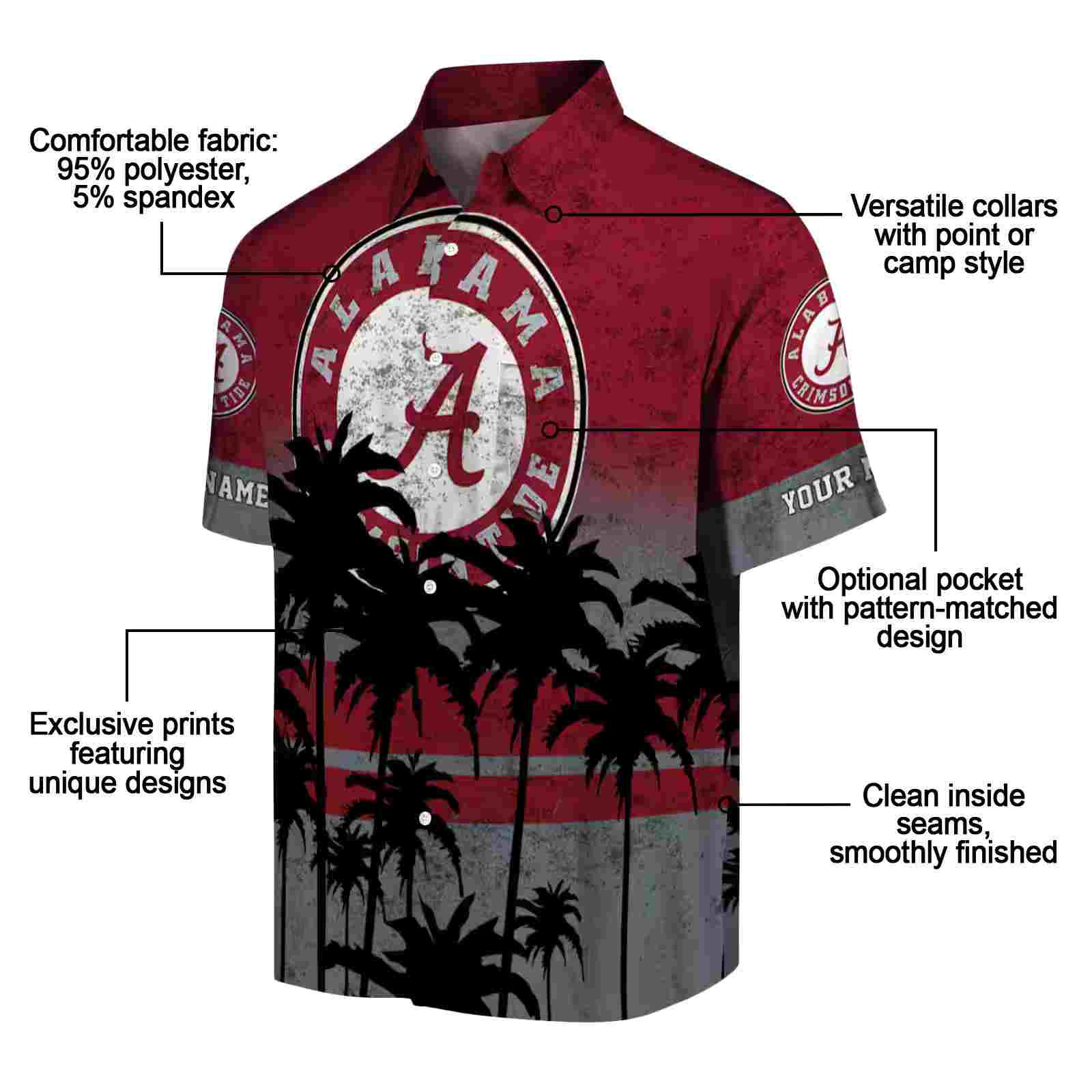 customized alabama crimson tide sunset pattern crimson black hawaiian shirt new arrival