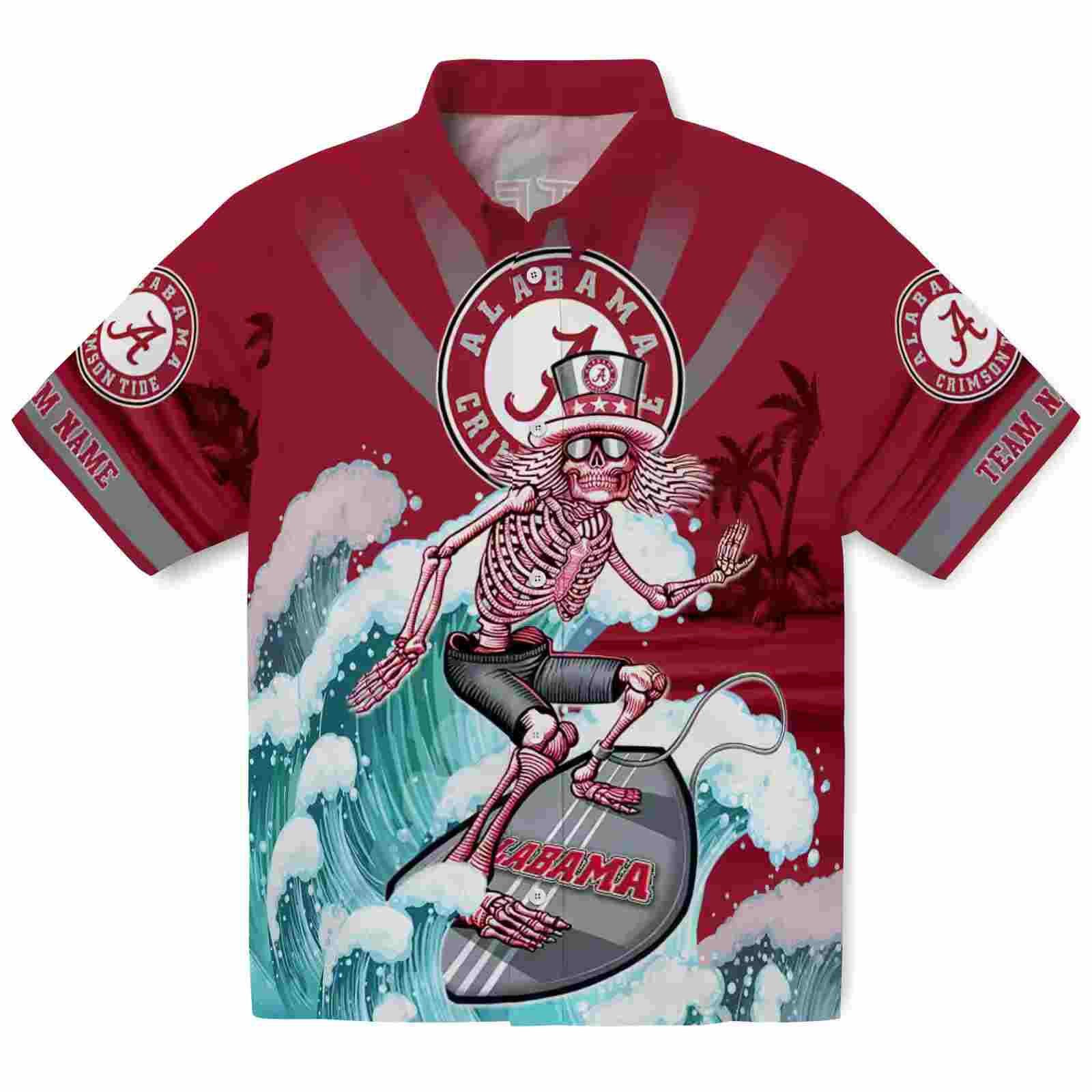 Customized Alabama Crimson Tide Surfing Skeleton Crimson Blue Hawaiian Shirt