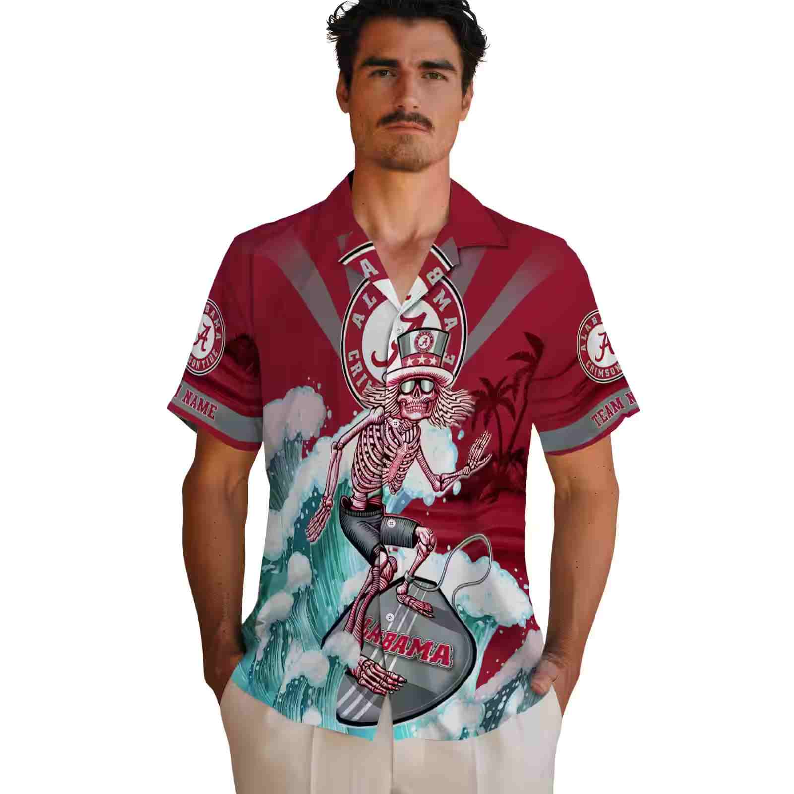 customized alabama crimson tide surfing skeleton crimson blue hawaiian shirt fashion forward