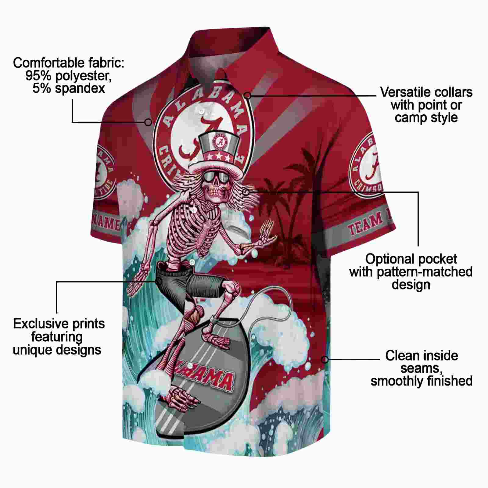 customized alabama crimson tide surfing skeleton crimson blue hawaiian shirt new arrival