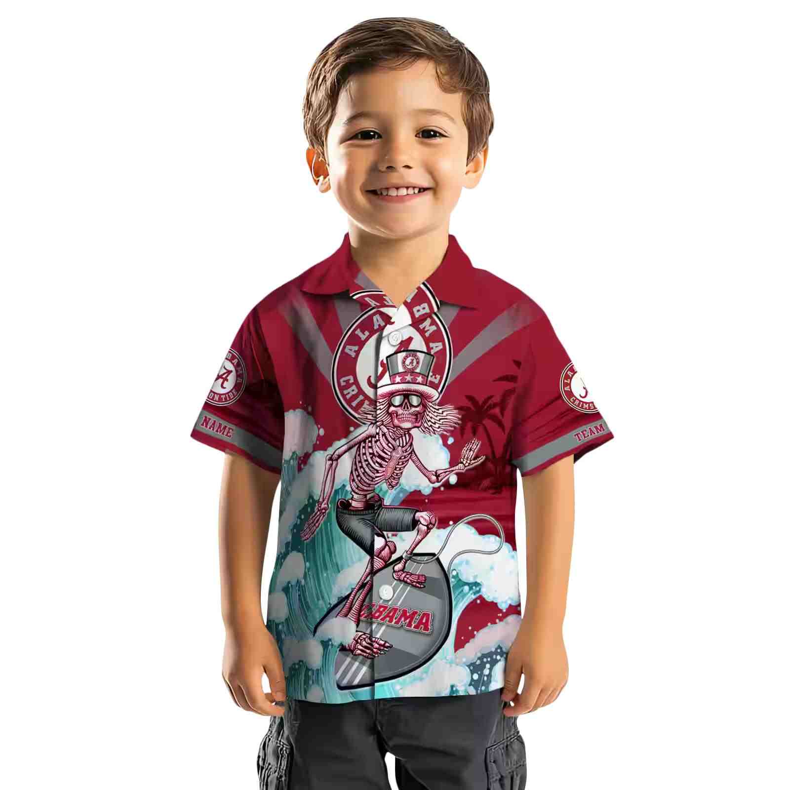 customized alabama crimson tide surfing skeleton crimson blue hawaiian shirt top rated