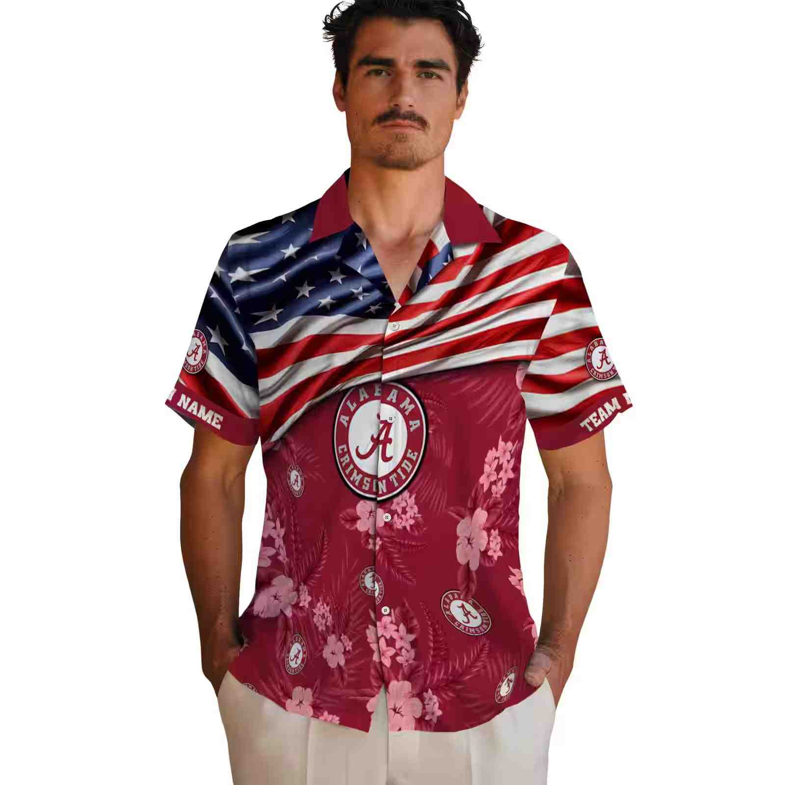 customized alabama crimson tide us flag hibiscus crimson hawaiian shirt fashion forward