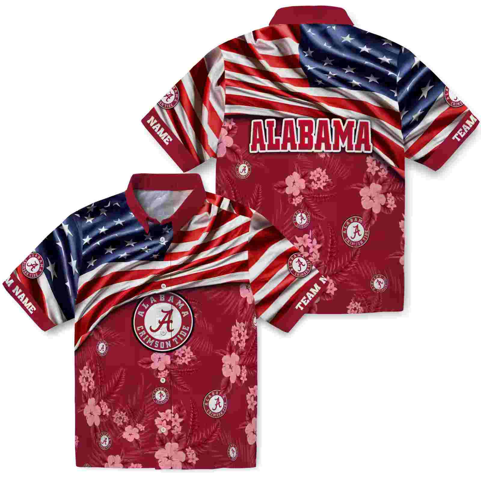 customized alabama crimson tide us flag hibiscus crimson hawaiian shirt high quality