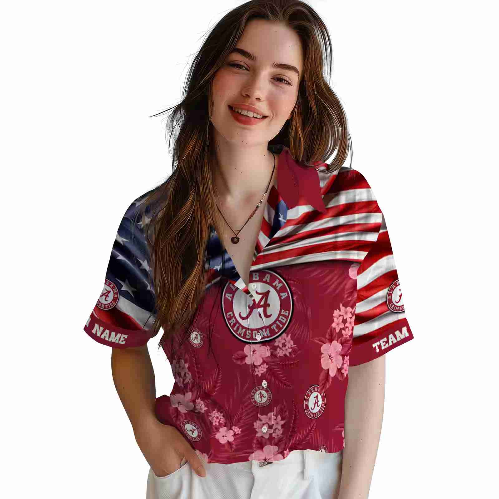 customized alabama crimson tide us flag hibiscus crimson hawaiian shirt latest model