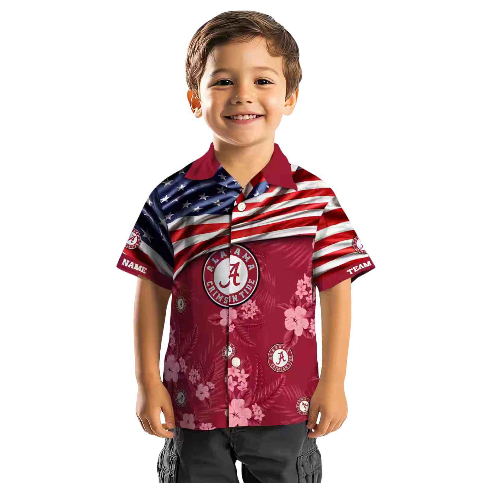 customized alabama crimson tide us flag hibiscus crimson hawaiian shirt top rated