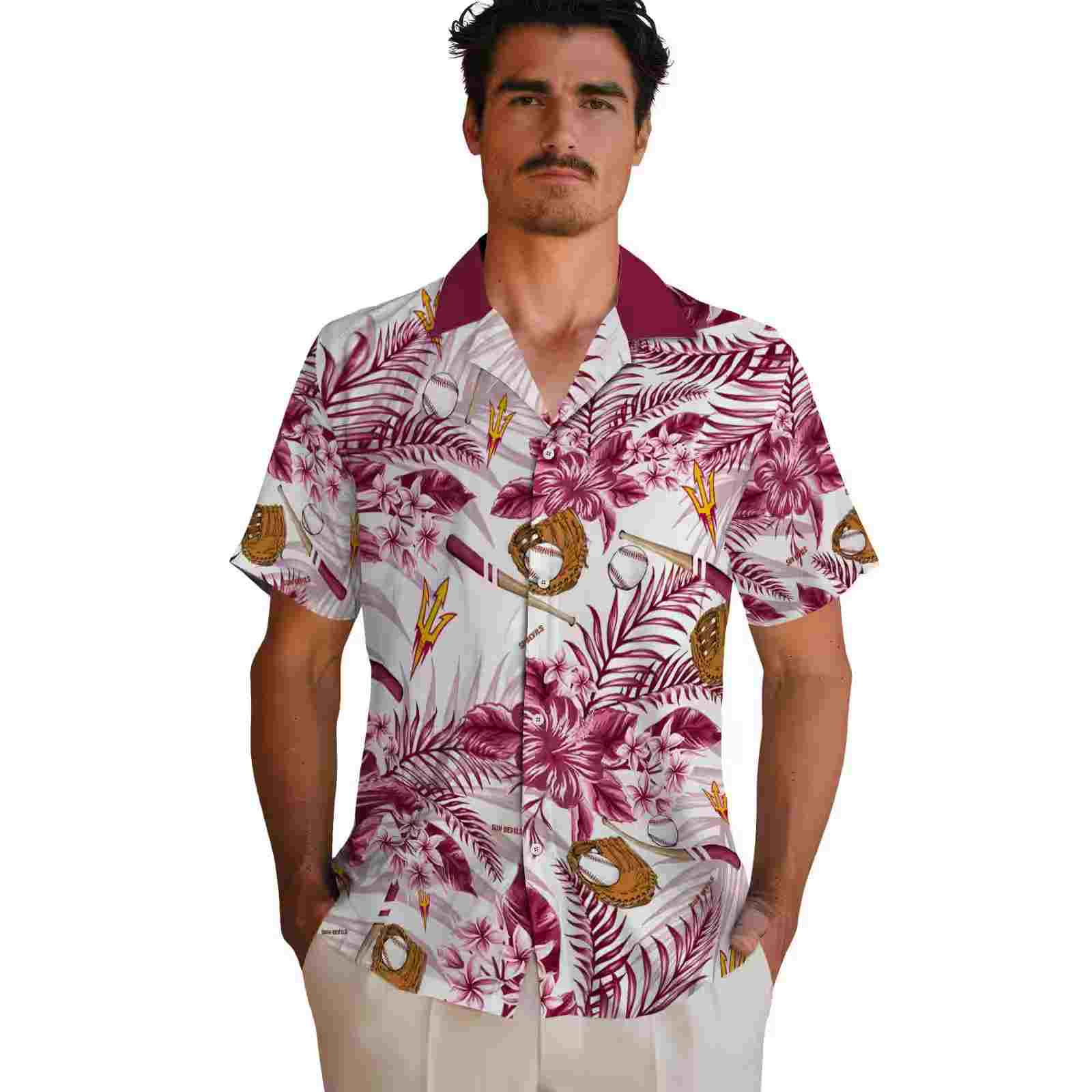 customized arizona state sun devils floral baseball maroon white hawaiian shirt fashion forward