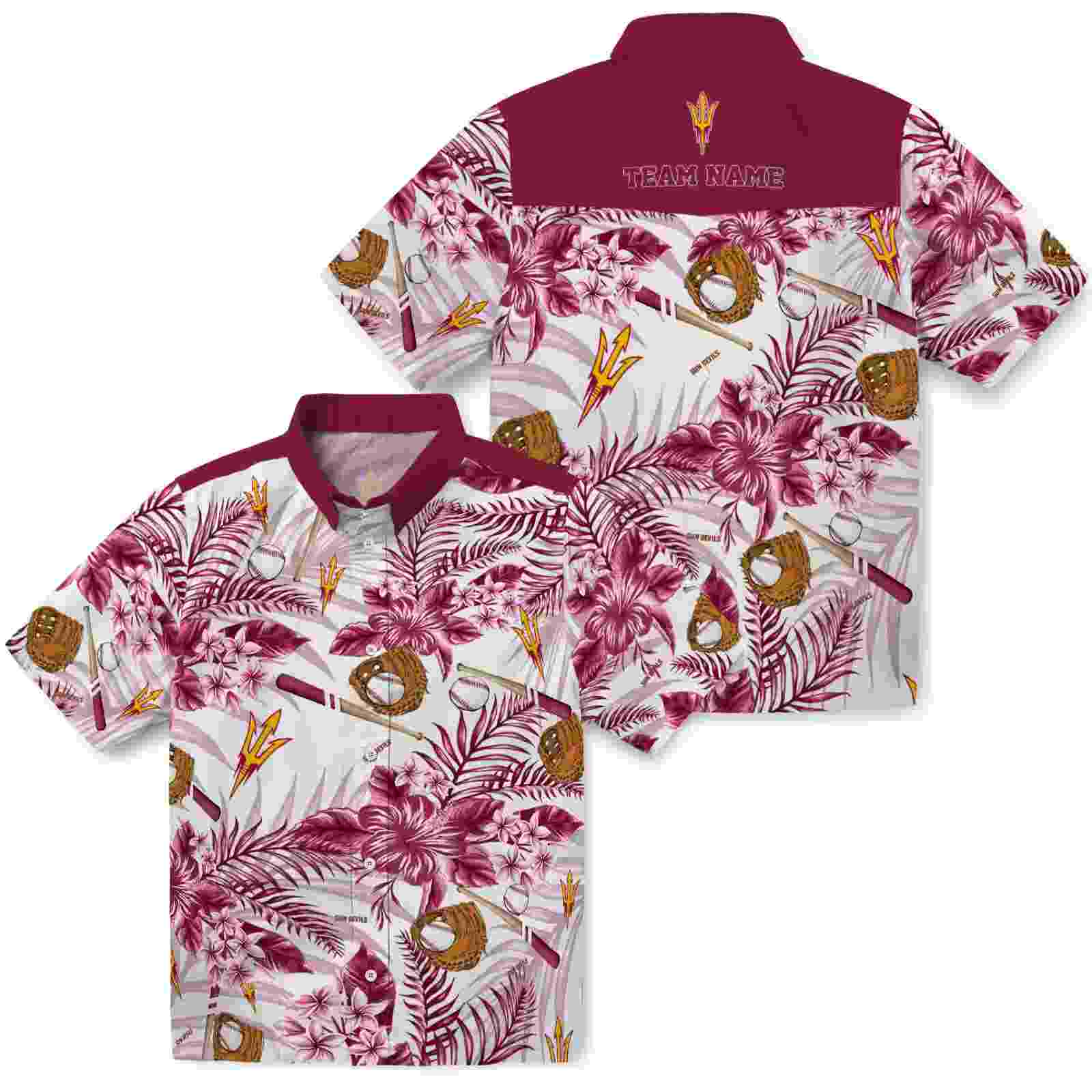 customized arizona state sun devils floral baseball maroon white hawaiian shirt high quality