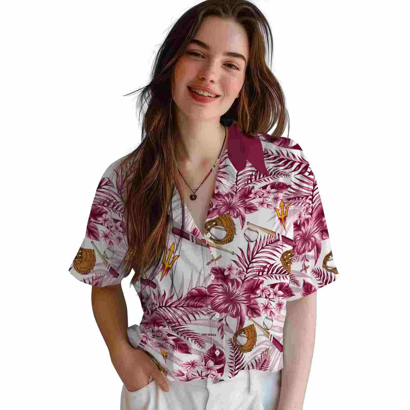 customized arizona state sun devils floral baseball maroon white hawaiian shirt latest model