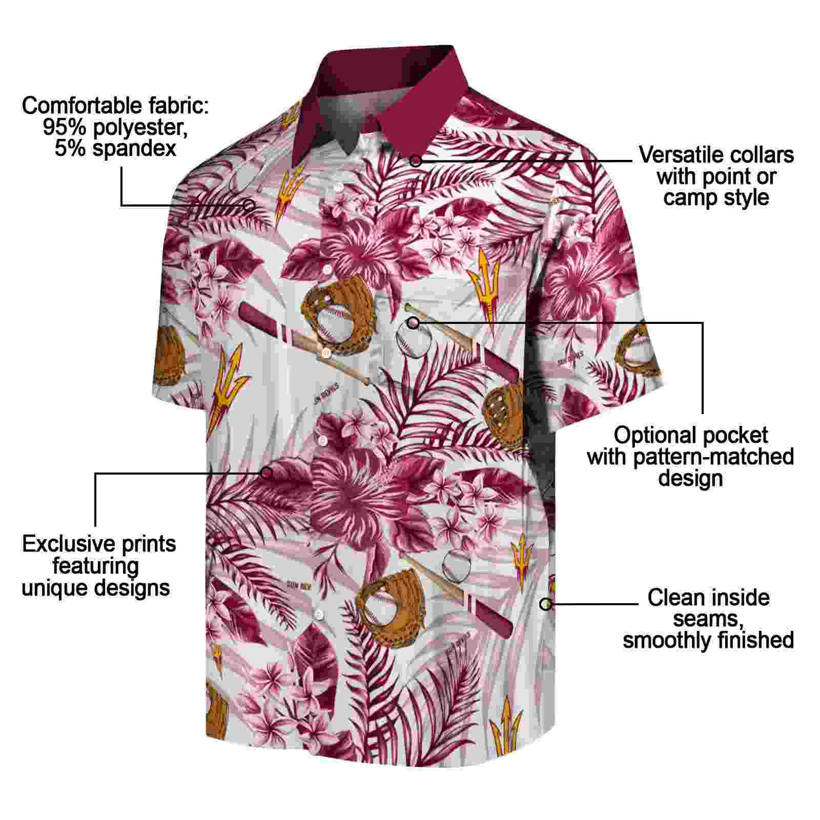 customized arizona state sun devils floral baseball maroon white hawaiian shirt new arrival