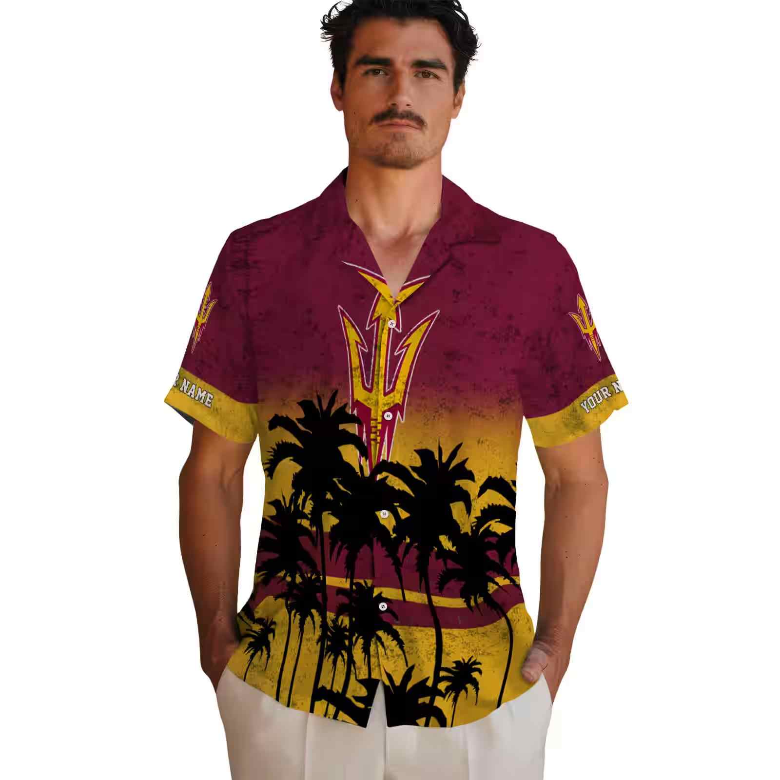 customized arizona state sun devils sunset pattern maroon black hawaiian shirt fashion forward