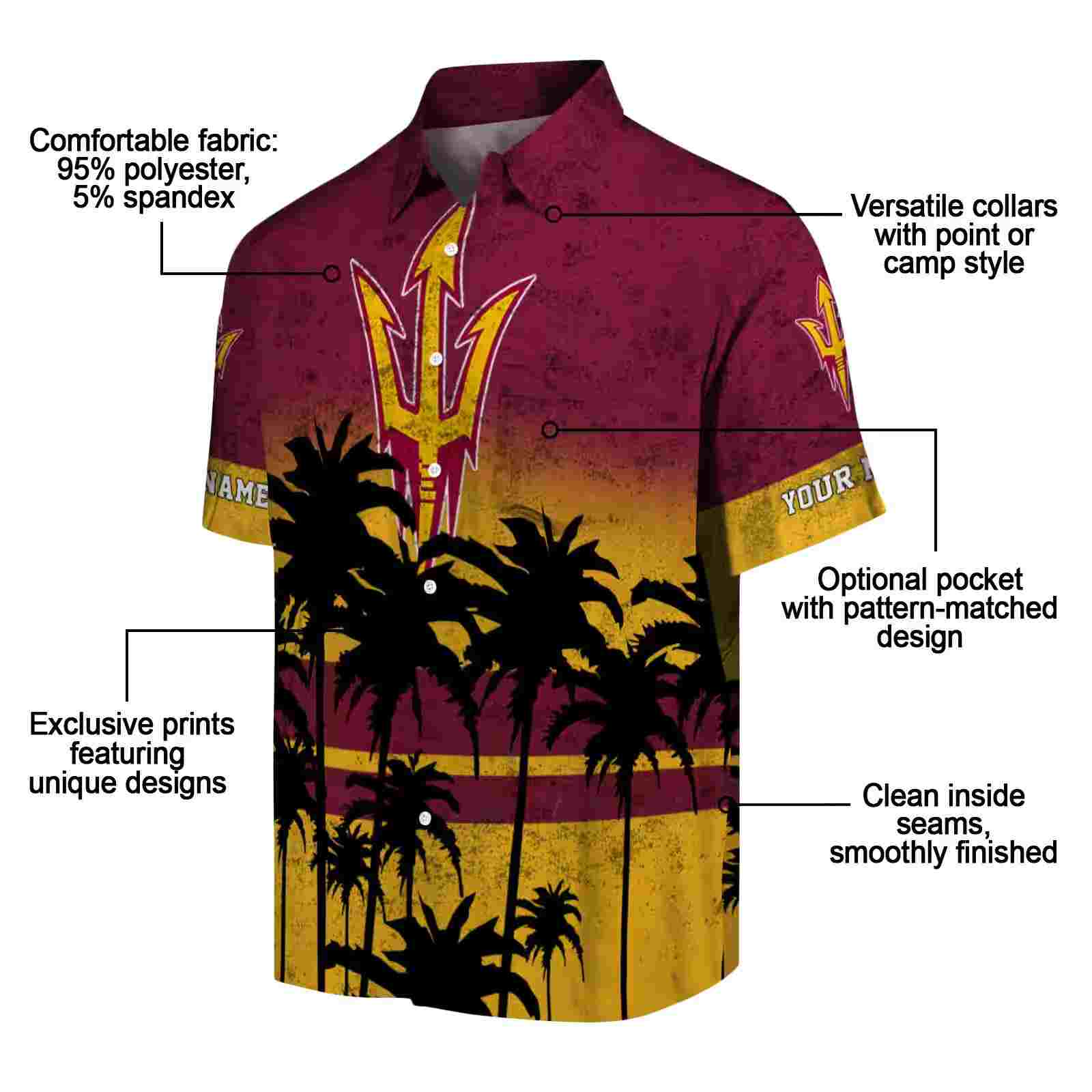 customized arizona state sun devils sunset pattern maroon black hawaiian shirt new arrival