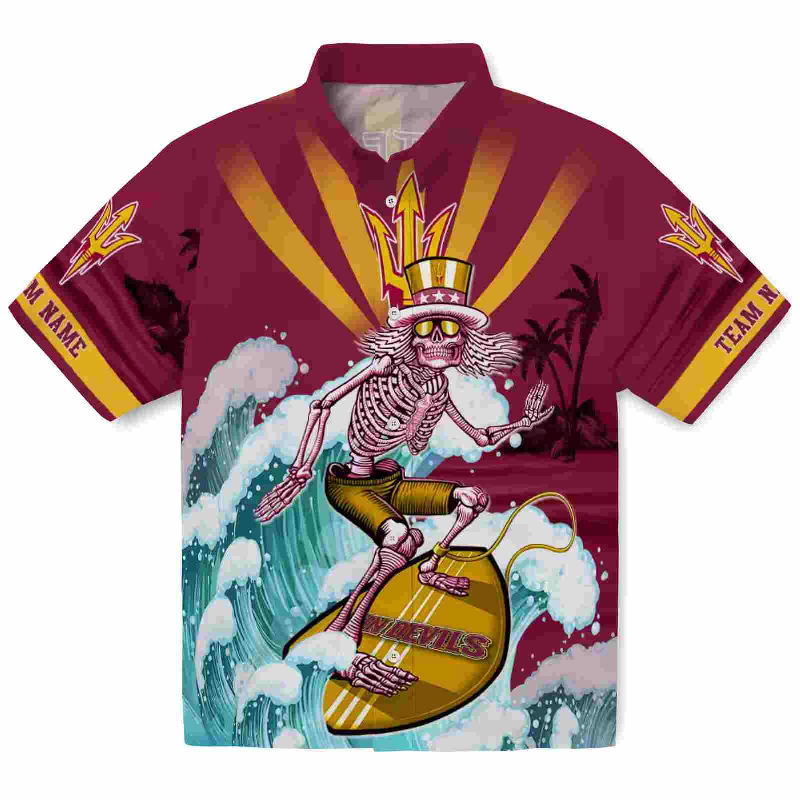 Customized Arizona State Sun Devils Surfing Skeleton Maroon Blue Hawaiian Shirt