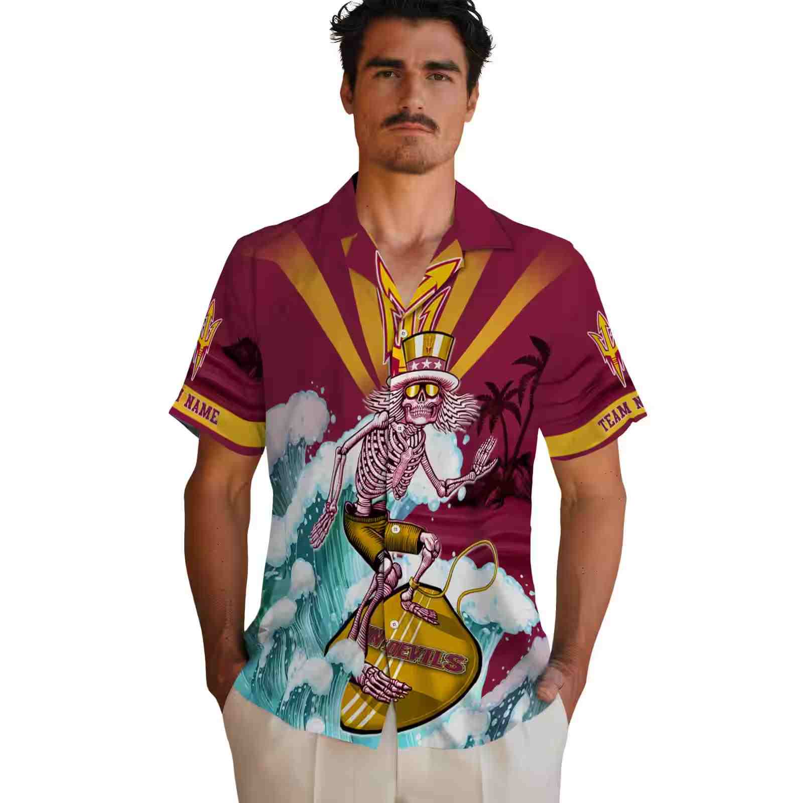 customized arizona state sun devils surfing skeleton maroon blue hawaiian shirt fashion forward