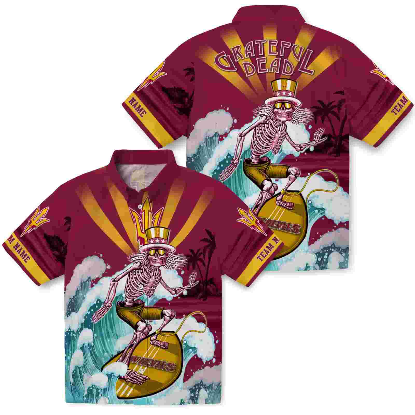 customized arizona state sun devils surfing skeleton maroon blue hawaiian shirt high quality