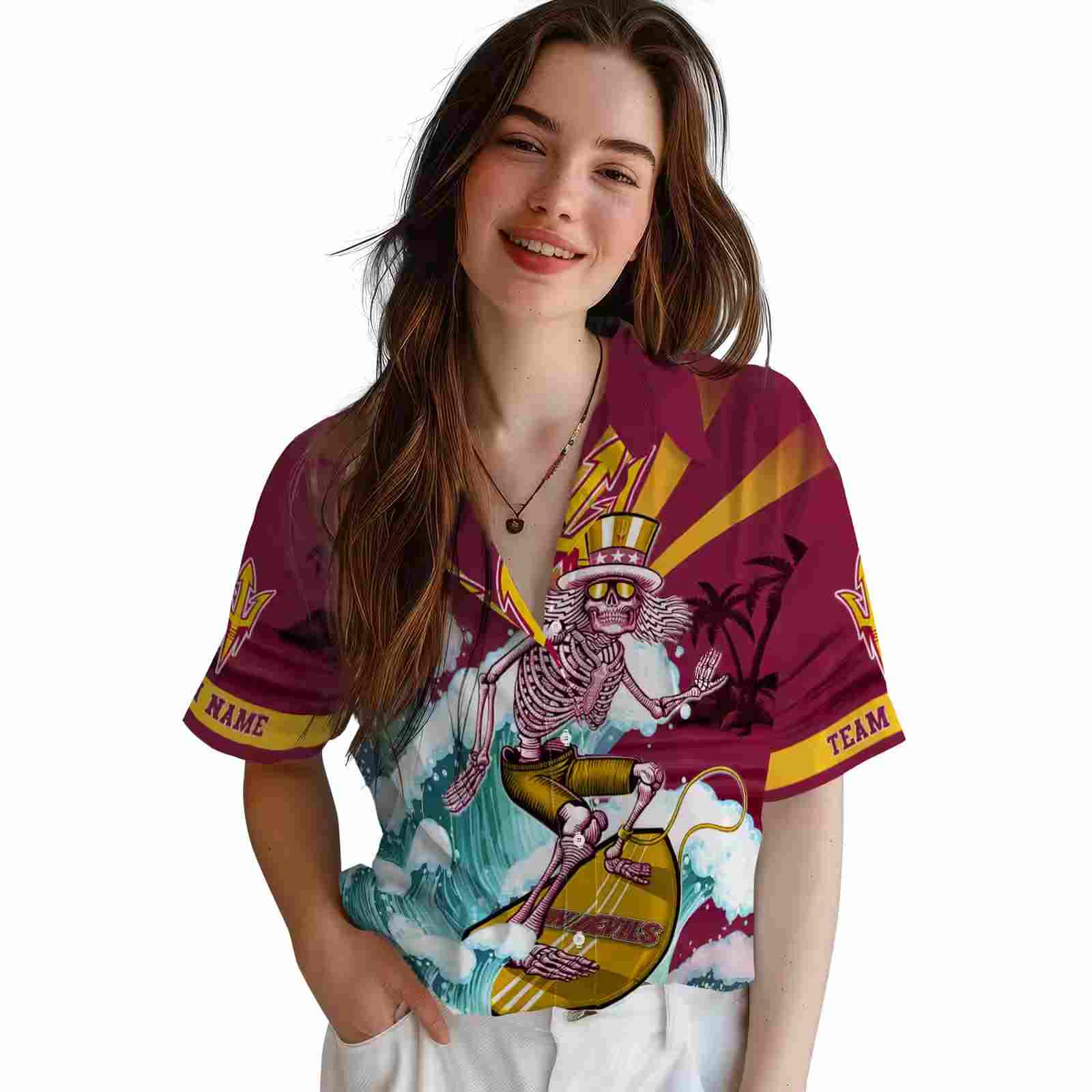 customized arizona state sun devils surfing skeleton maroon blue hawaiian shirt latest model