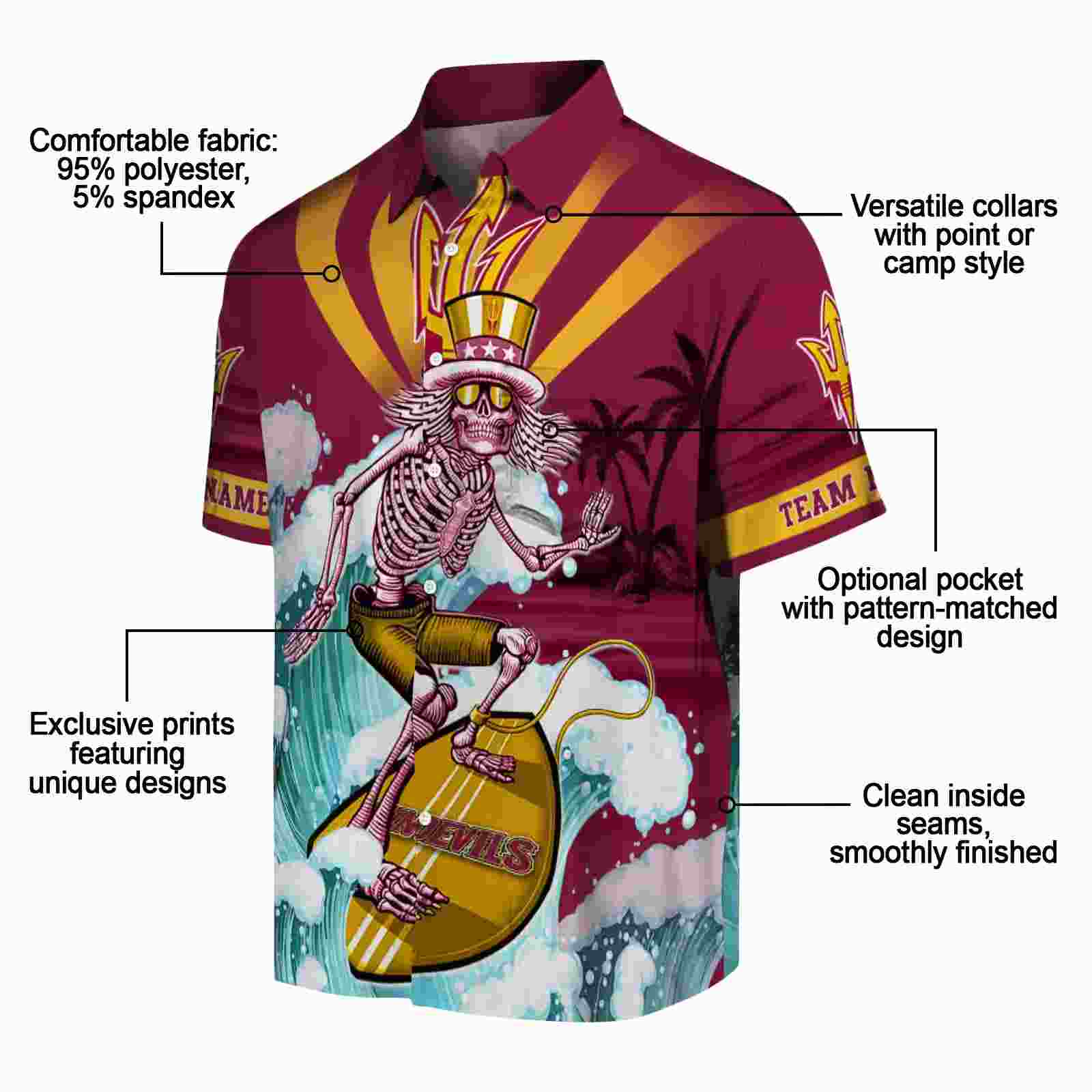 customized arizona state sun devils surfing skeleton maroon blue hawaiian shirt new arrival