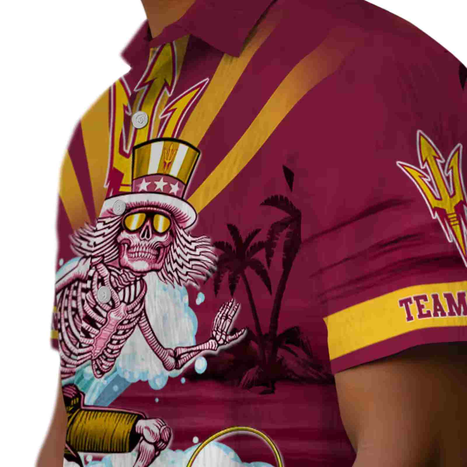 customized arizona state sun devils surfing skeleton maroon blue hawaiian shirt trendy