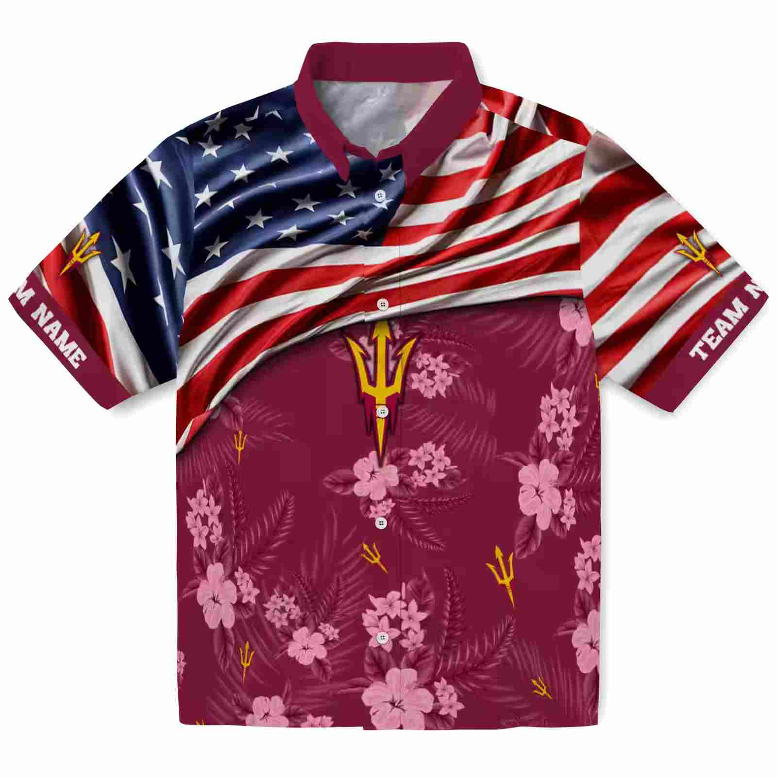 Customized Arizona State Sun Devils US Flag Hibiscus Maroon Hawaiian Shirt