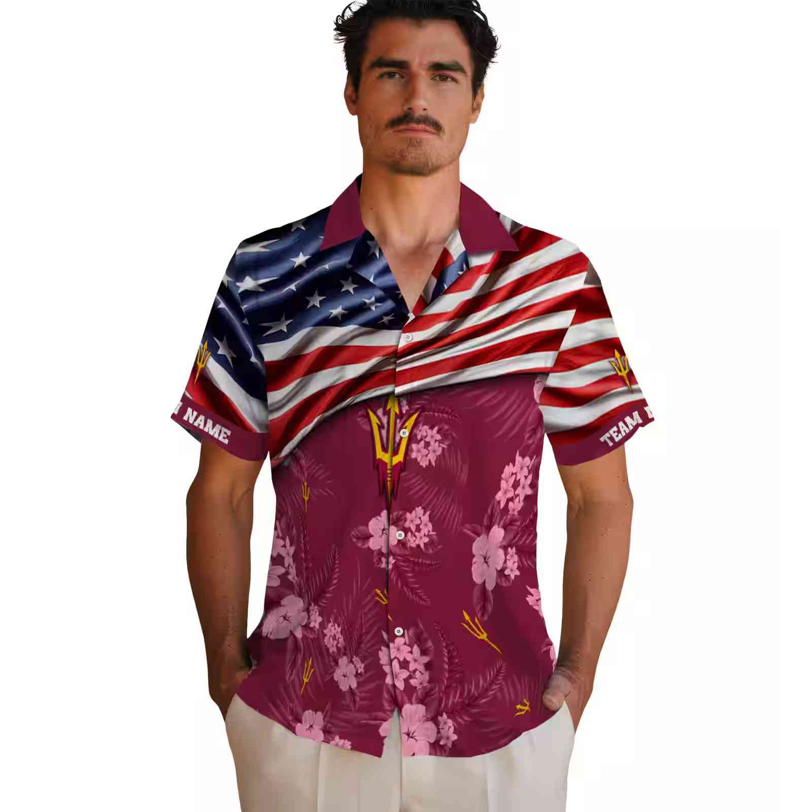 customized arizona state sun devils us flag hibiscus maroon hawaiian shirt fashion forward